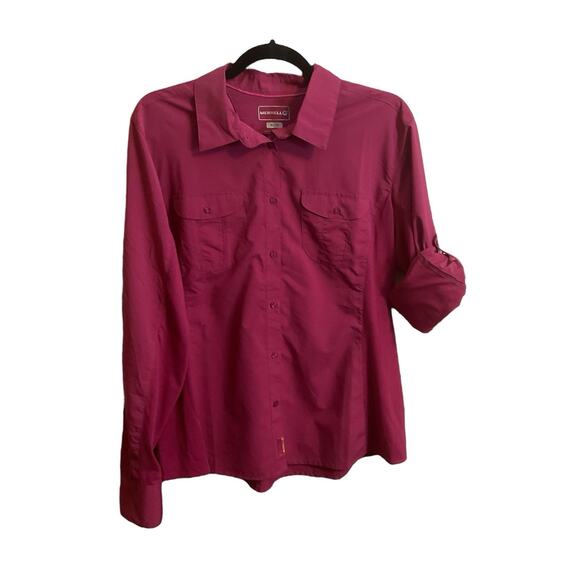Merrell Women Size M Fuchsia Long Roll Tab Sleeve Button Up Hiking Travel Shirt - Picture 11 of 14